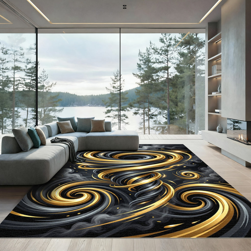 Luxurious Golden Swirl Abstract Vortex Rug