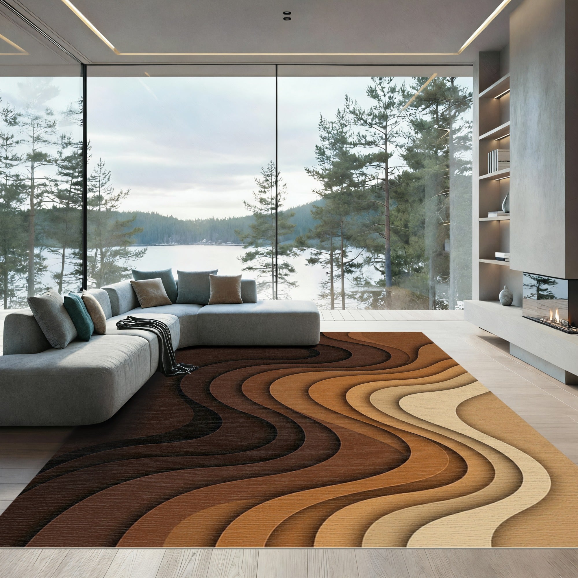 Earthy Brown Layered Abstract Waves Rug