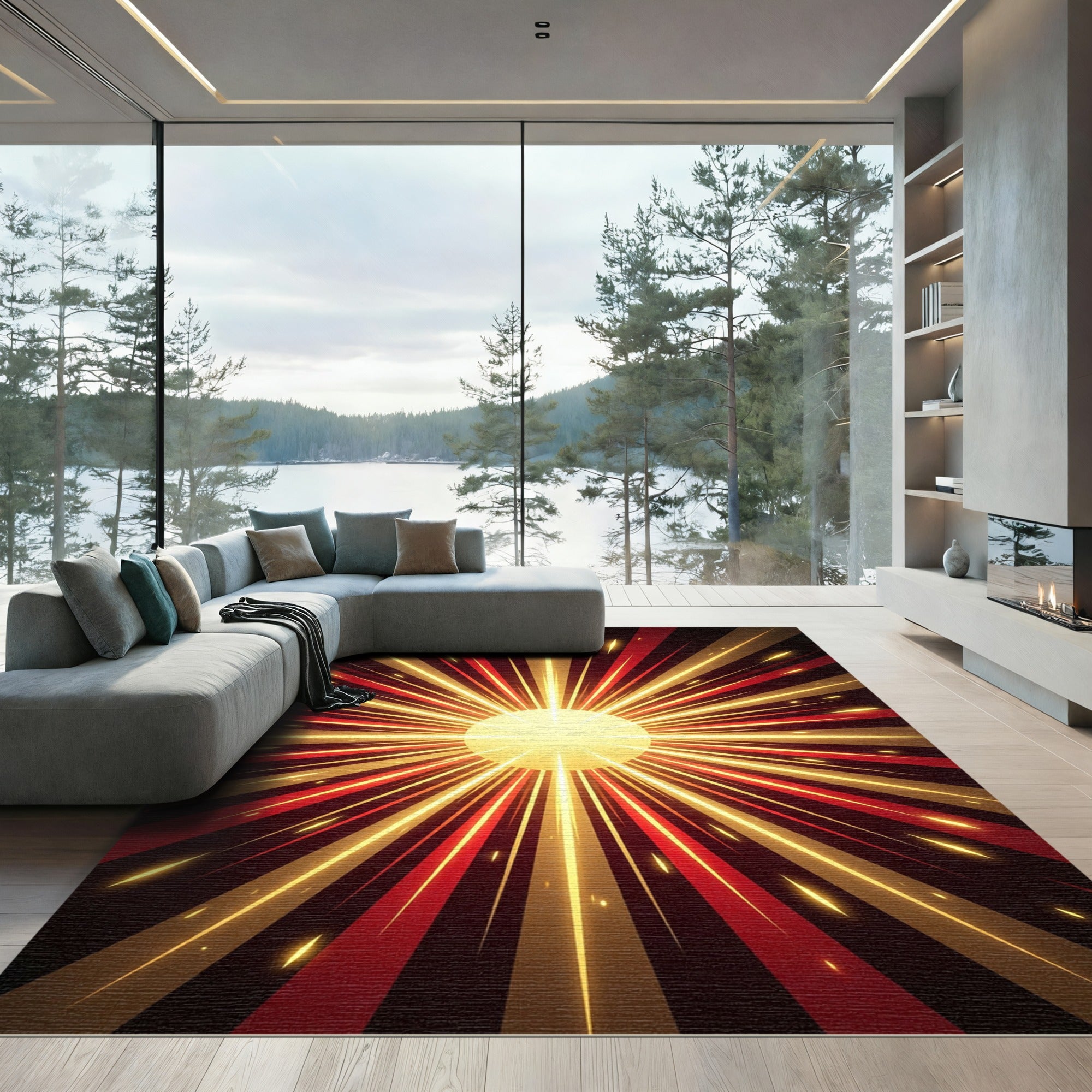 Radiant Sunburst Red Gold Rays Rug