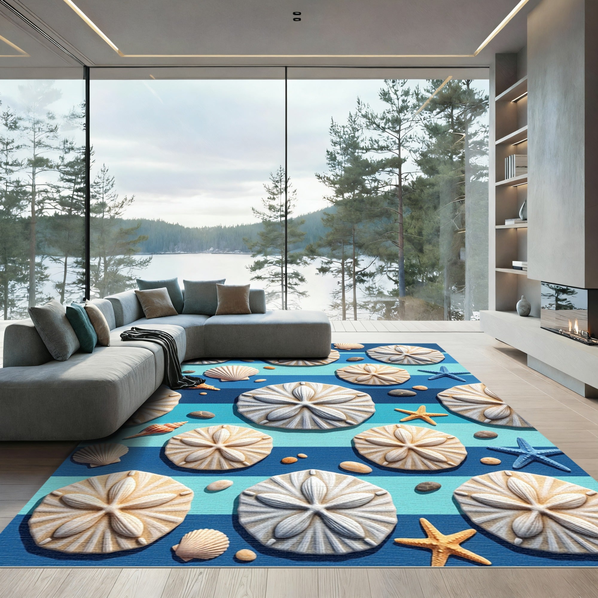 Coastal Blue Striped Sand Dollar Shell Rug