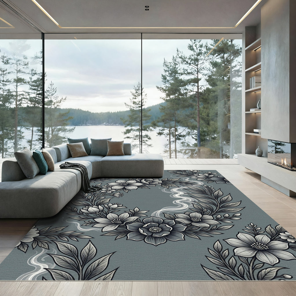 Elegant Gray Floral Wreath Smoke Rug