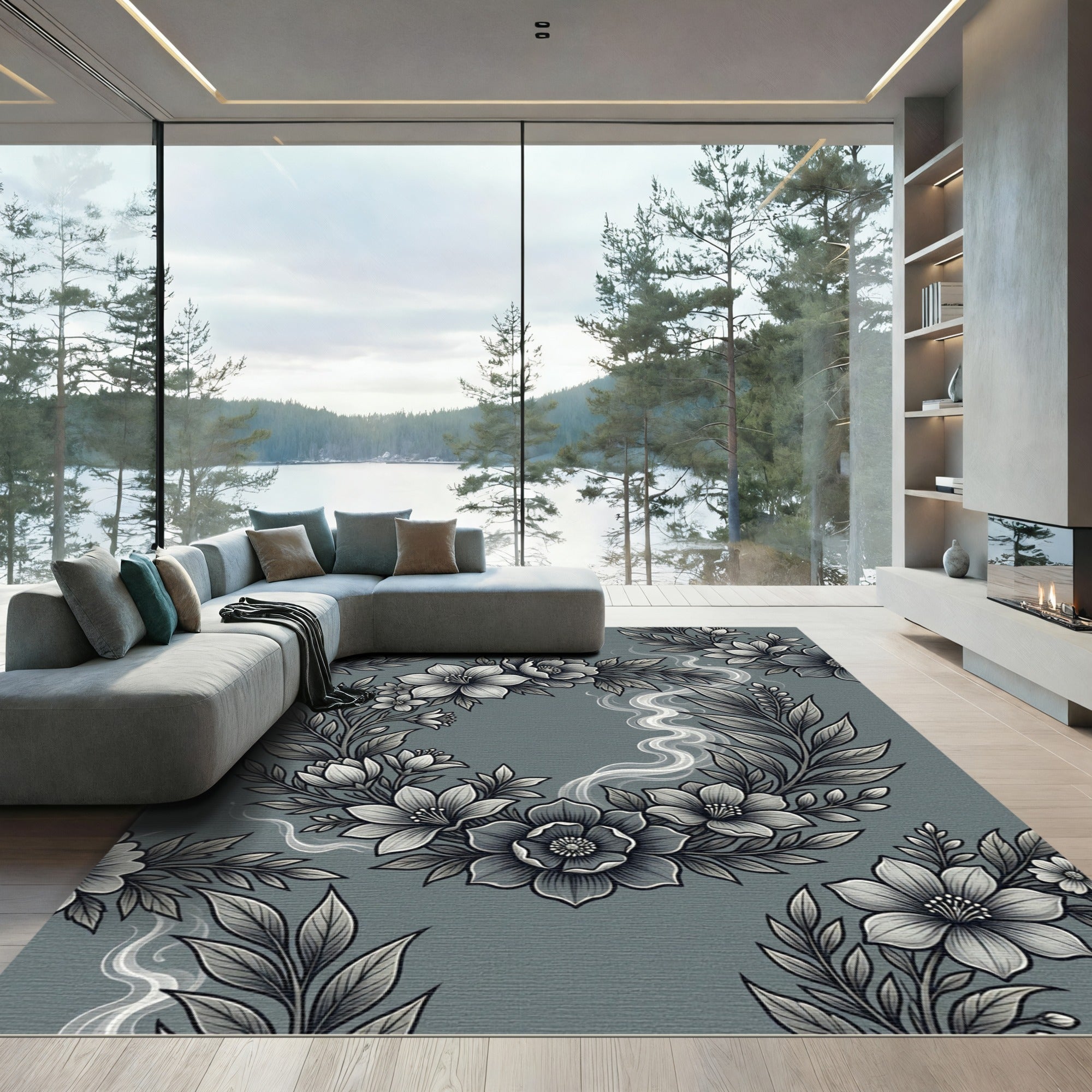 Elegant Gray Floral Wreath Smoke Rug