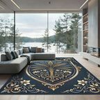 Elegant Gold Palm Crest Navy Ornament Rug