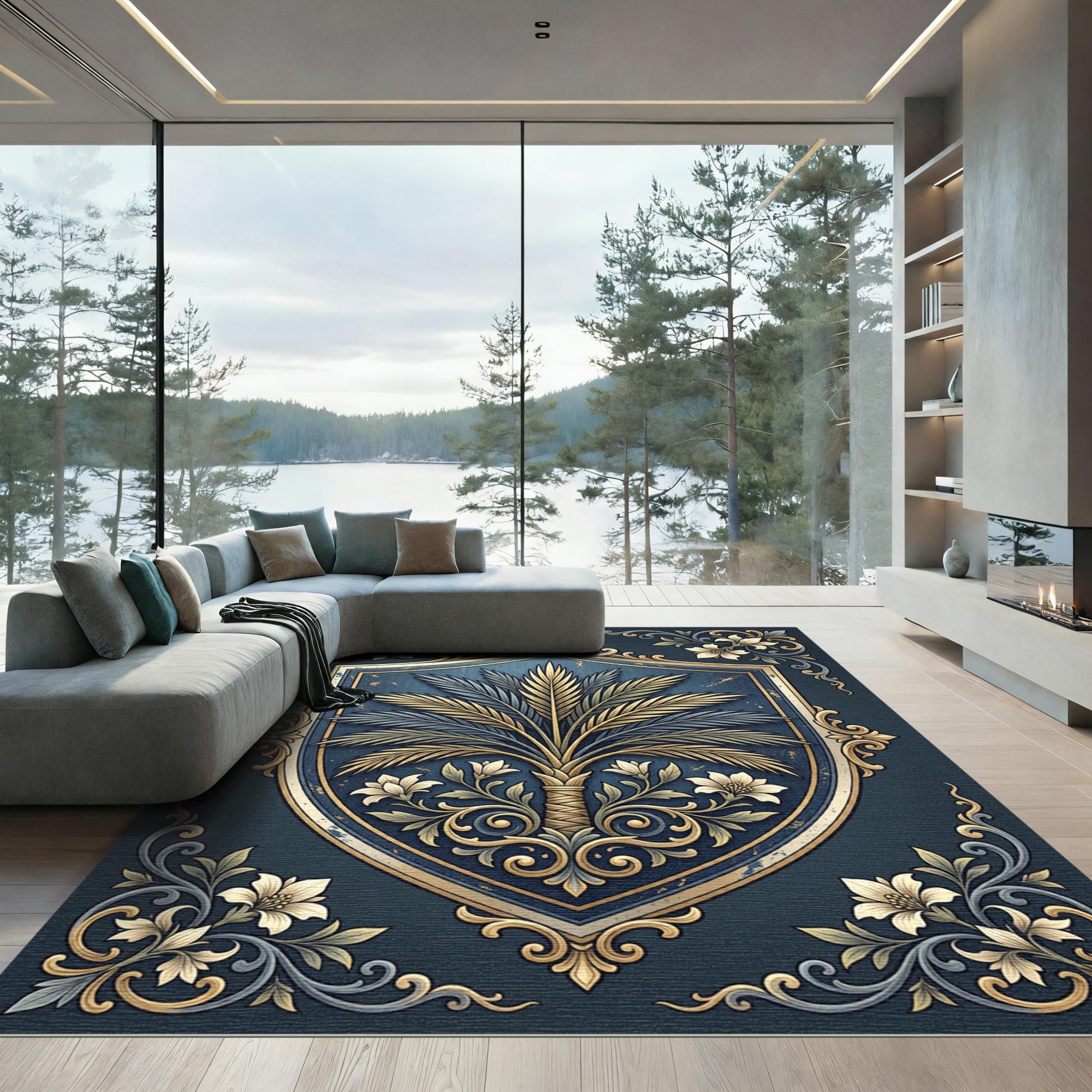 Elegant Gold Palm Crest Navy Ornament Rug