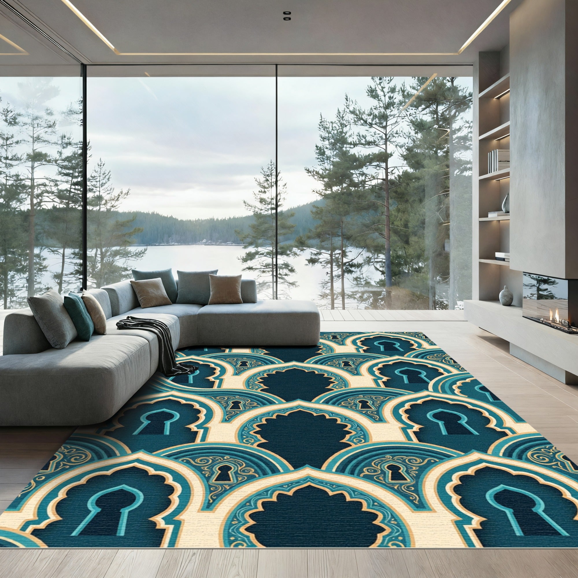 Deep Teal Archway Keyhole Pattern Rug