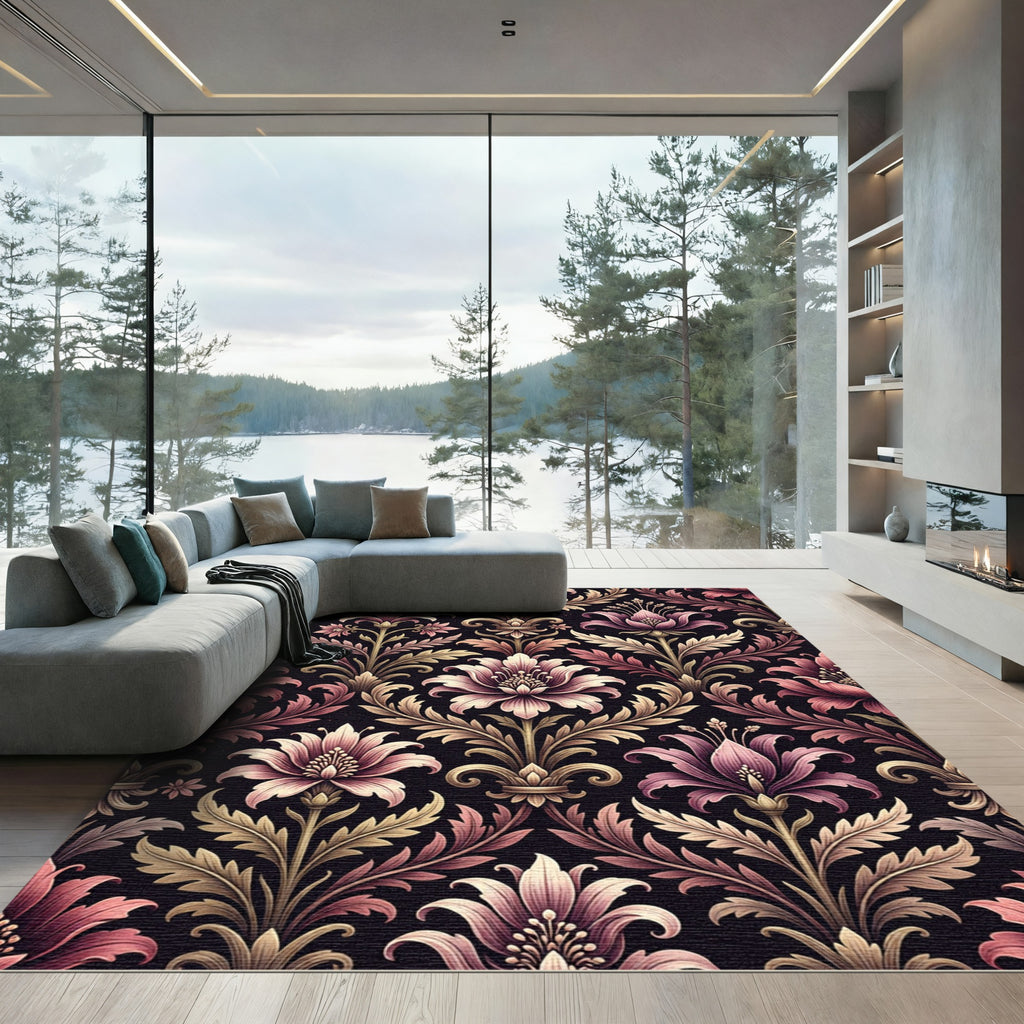 Elegant Mauve Floral Damask Rug