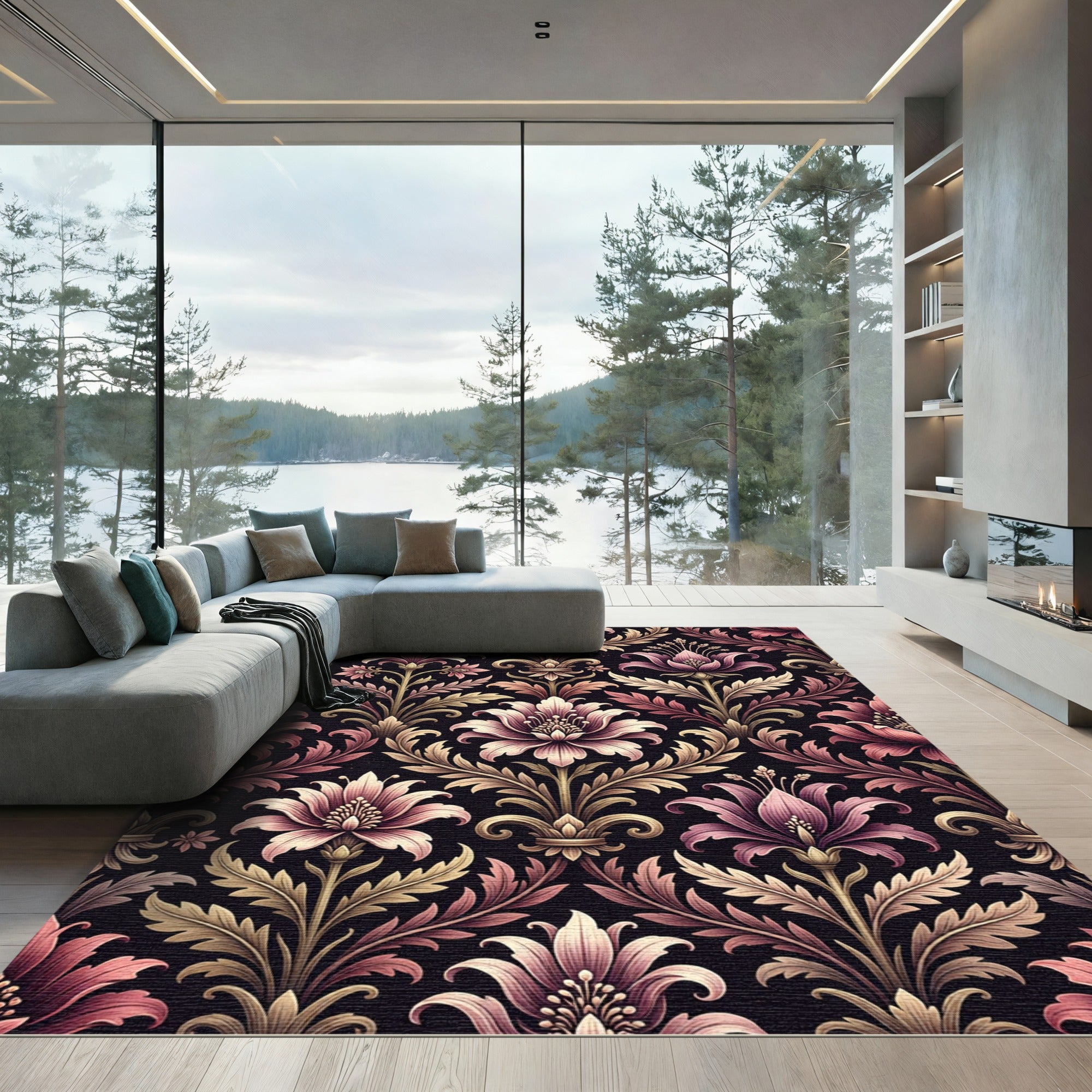 Elegant Mauve Floral Damask Rug