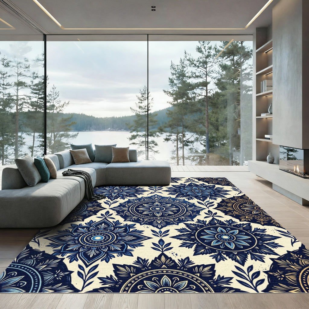 Deep Blue Floral Medallion Pattern Rug