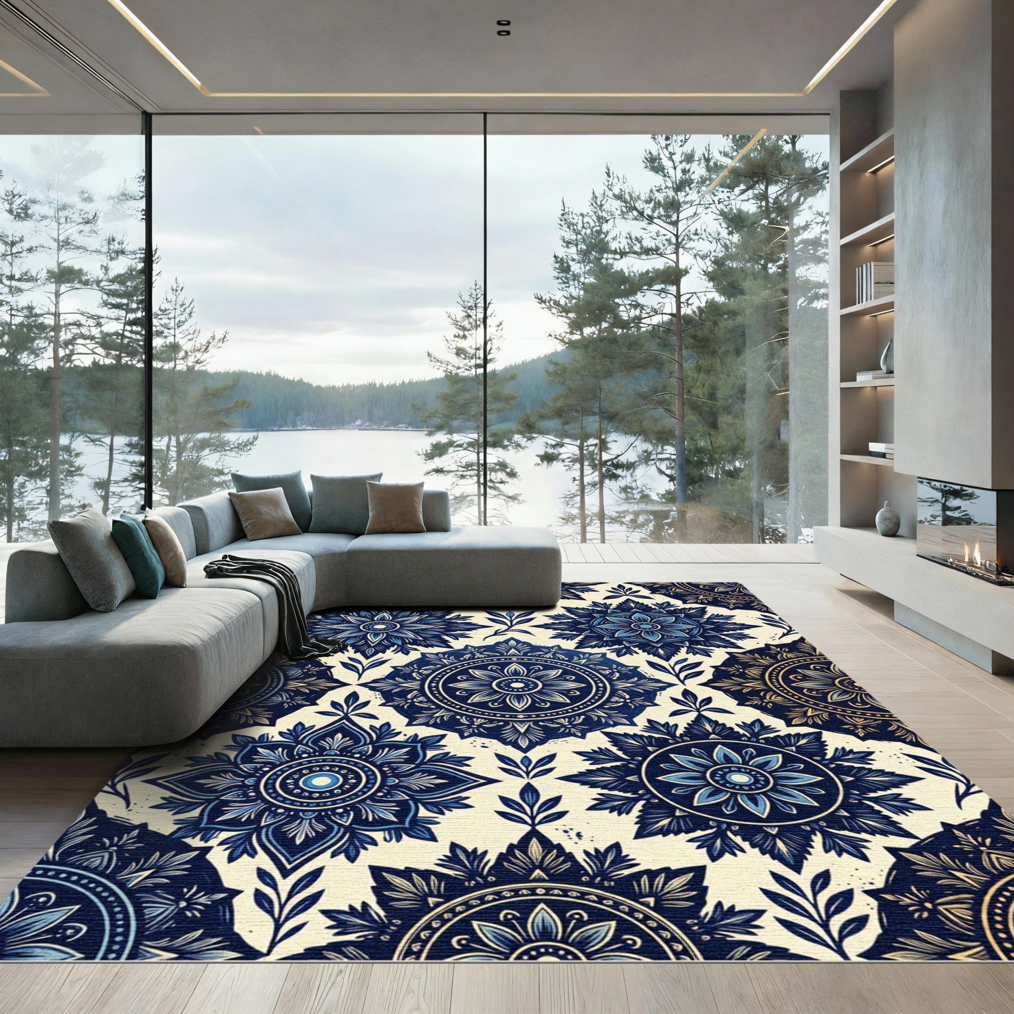 Deep Blue Floral Medallion Pattern Rug