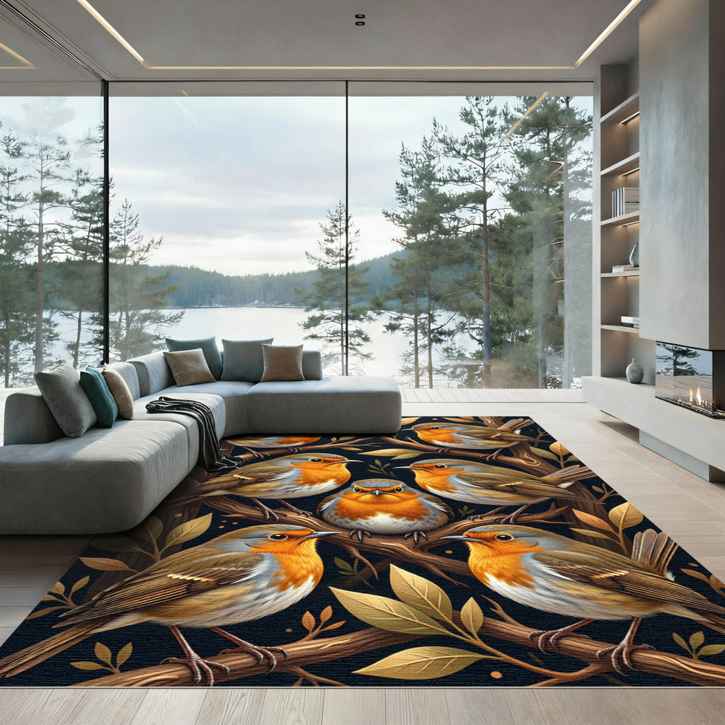 Whimsical Golden Robin Forest Art Rug