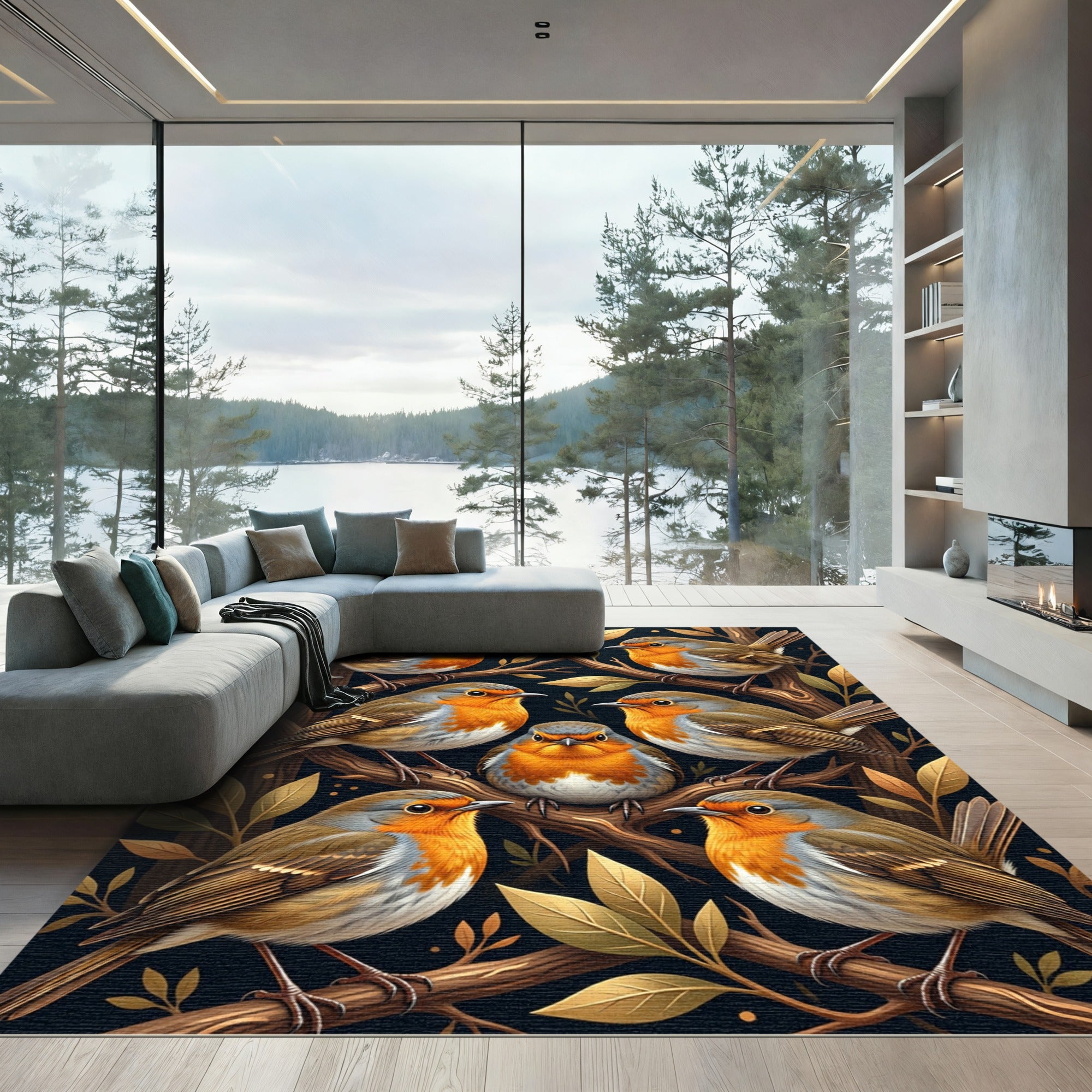 Whimsical Golden Robin Forest Art Rug