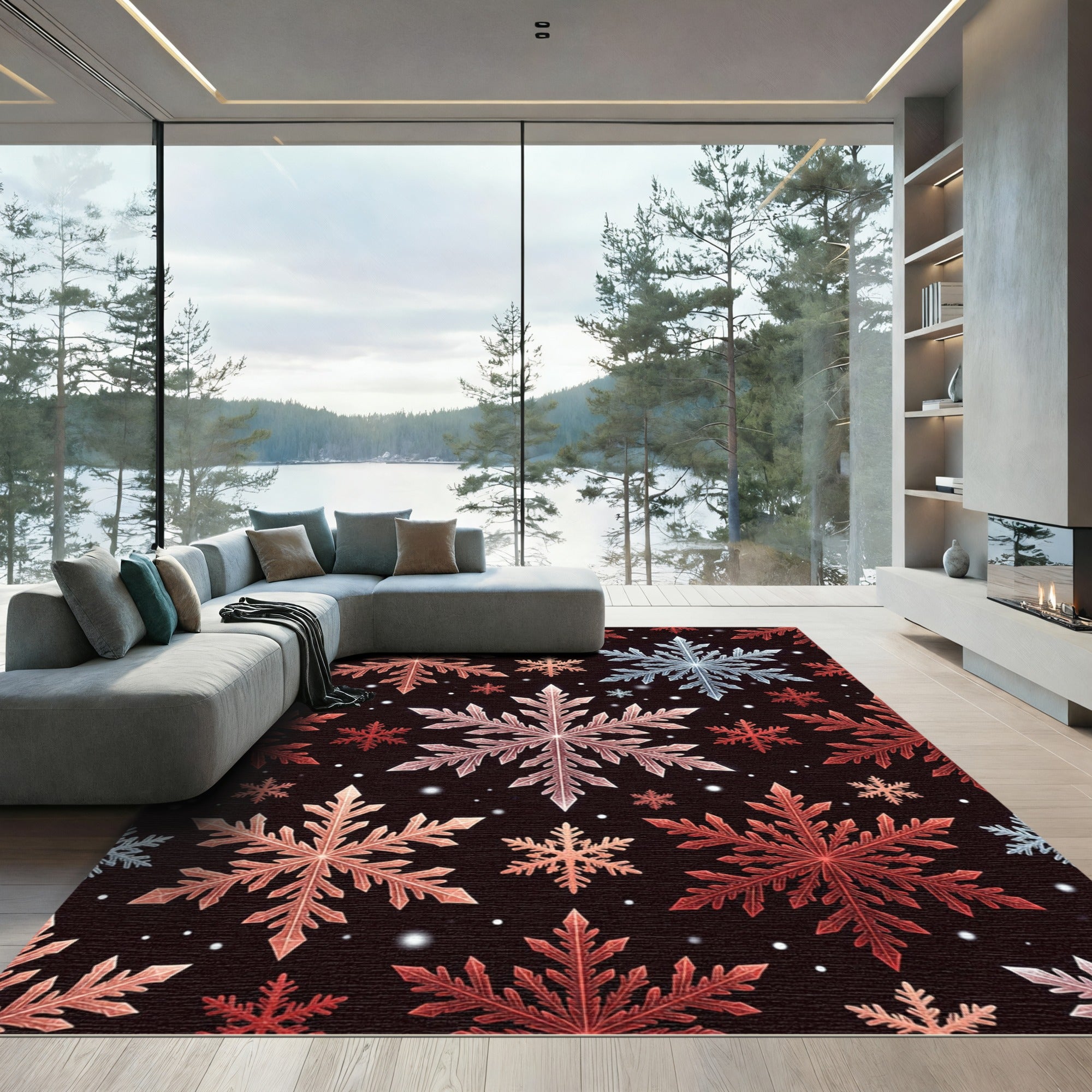 Red Blue Sparkling Snowflakes Background Rug