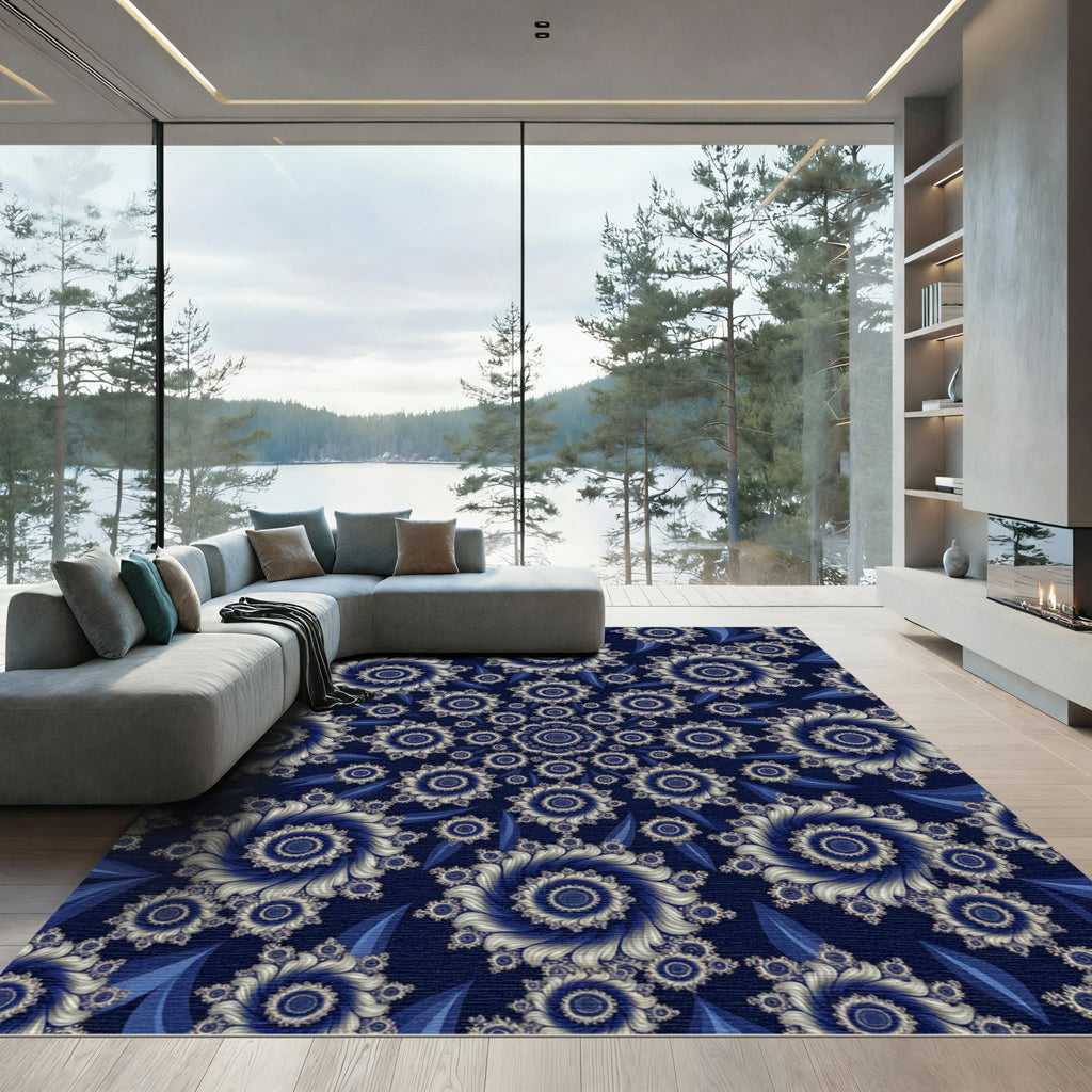 Midnight Blue Fractal Spiral Floral Mandala Rug