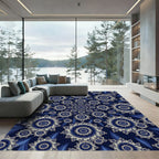 Midnight Blue Fractal Spiral Floral Mandala Rug