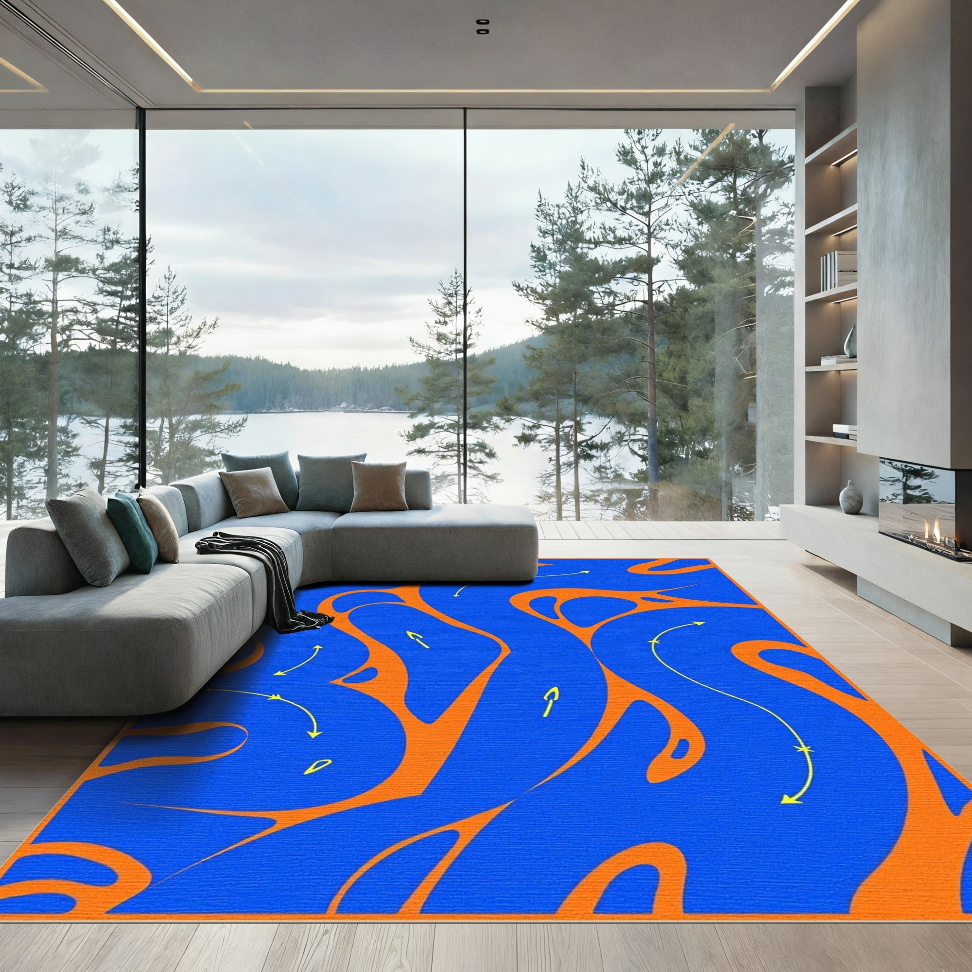Abstract Blue Orange Flowing River Rug