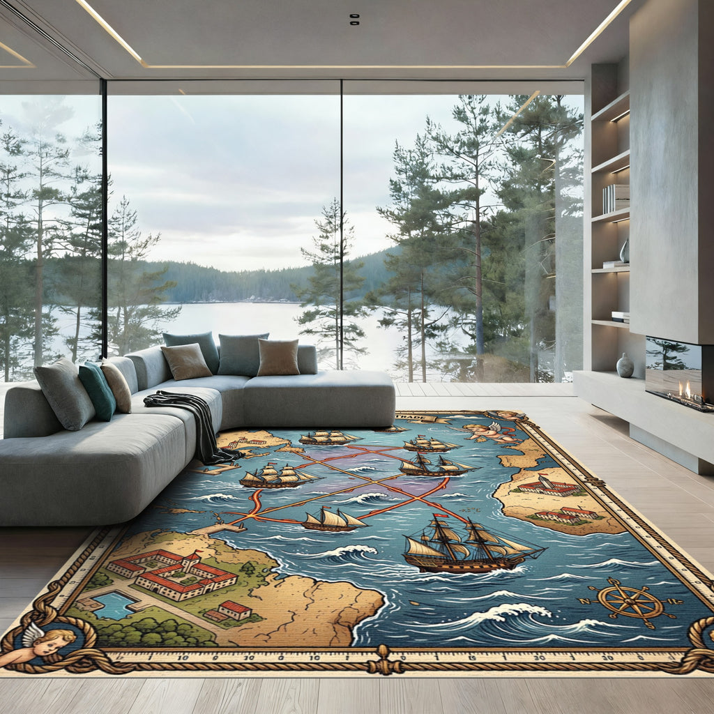 Antique Sailing Ships Maritime Map Rug