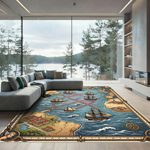 Antique Sailing Ships Maritime Map Rug