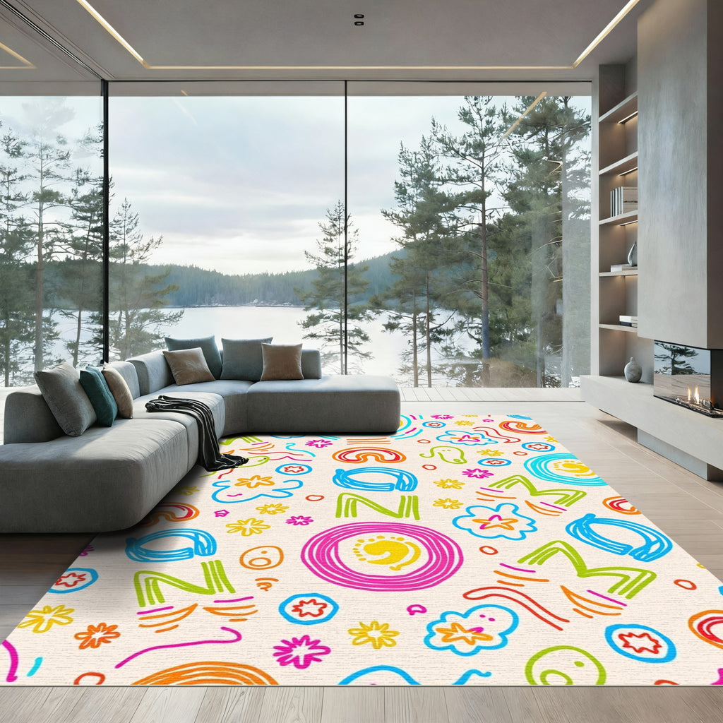Bright Rainbow Scribble Abstract Graphic Rug
