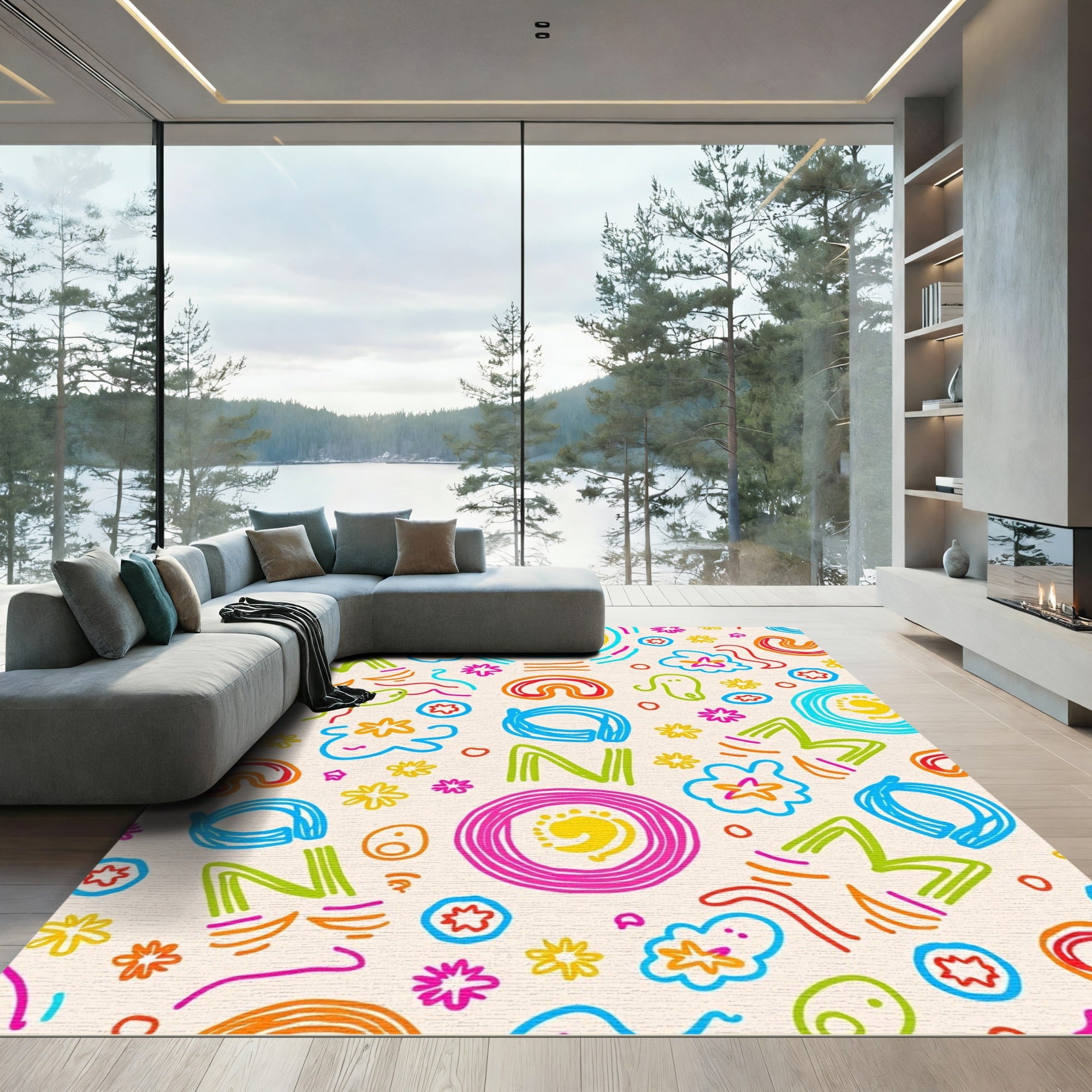 Bright Rainbow Scribble Abstract Graphic Rug