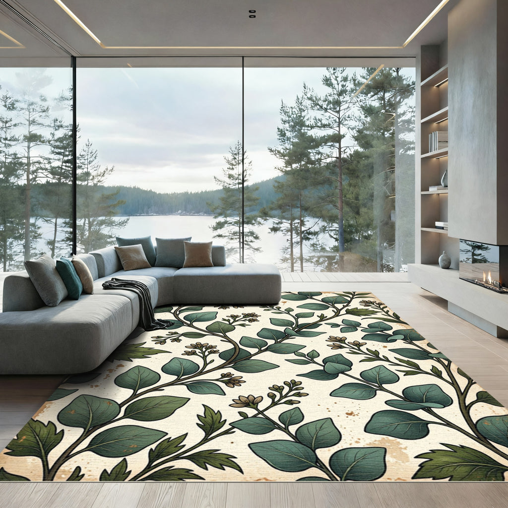 Earthy Green Forest Botanical Foliage Rug