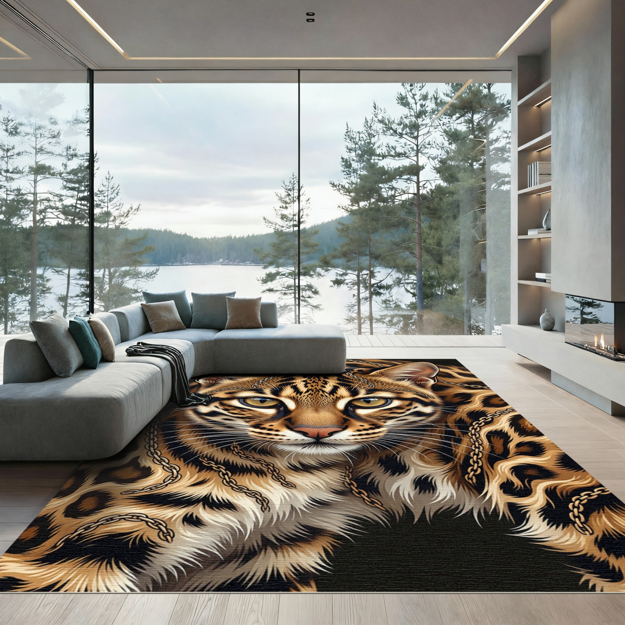 Elegant Gold Chain Ocelot Portrait Rug
