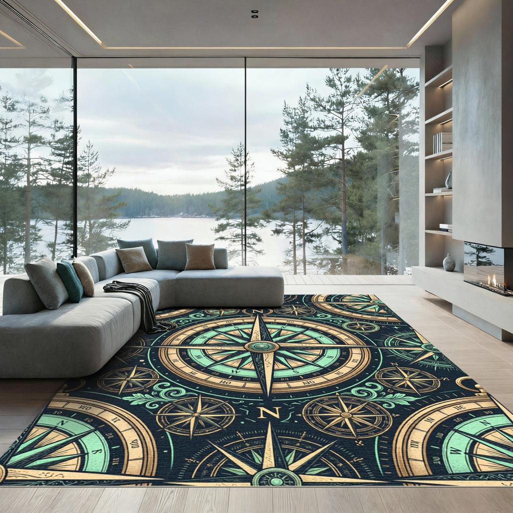 Navigational Compass Antique Gold Aqua Rug