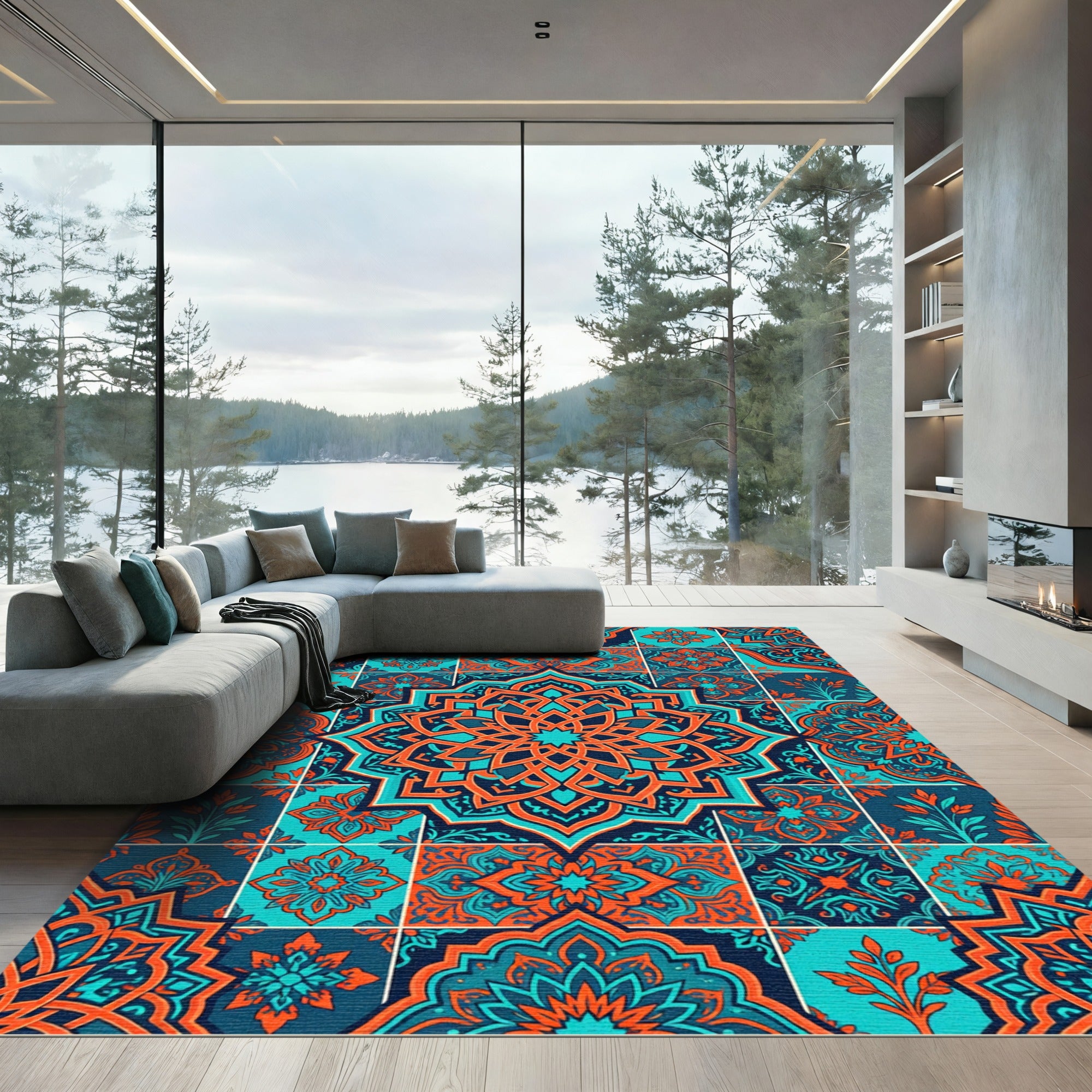 Teal Orange Tile Medallion Garland Rug