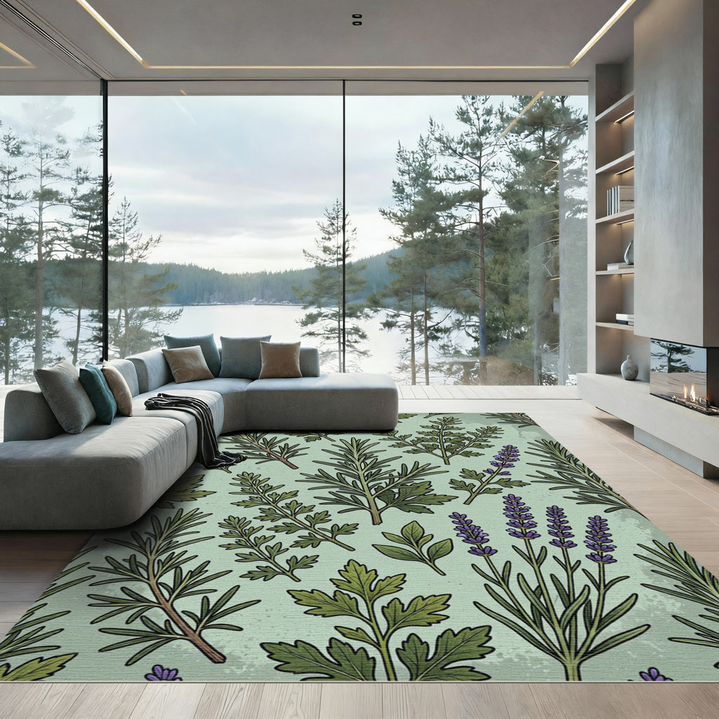 Botanical Lavender and Rosemary Sage Green Rug