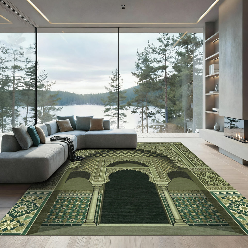 Olive Green Intricate Islamic Arch Rug