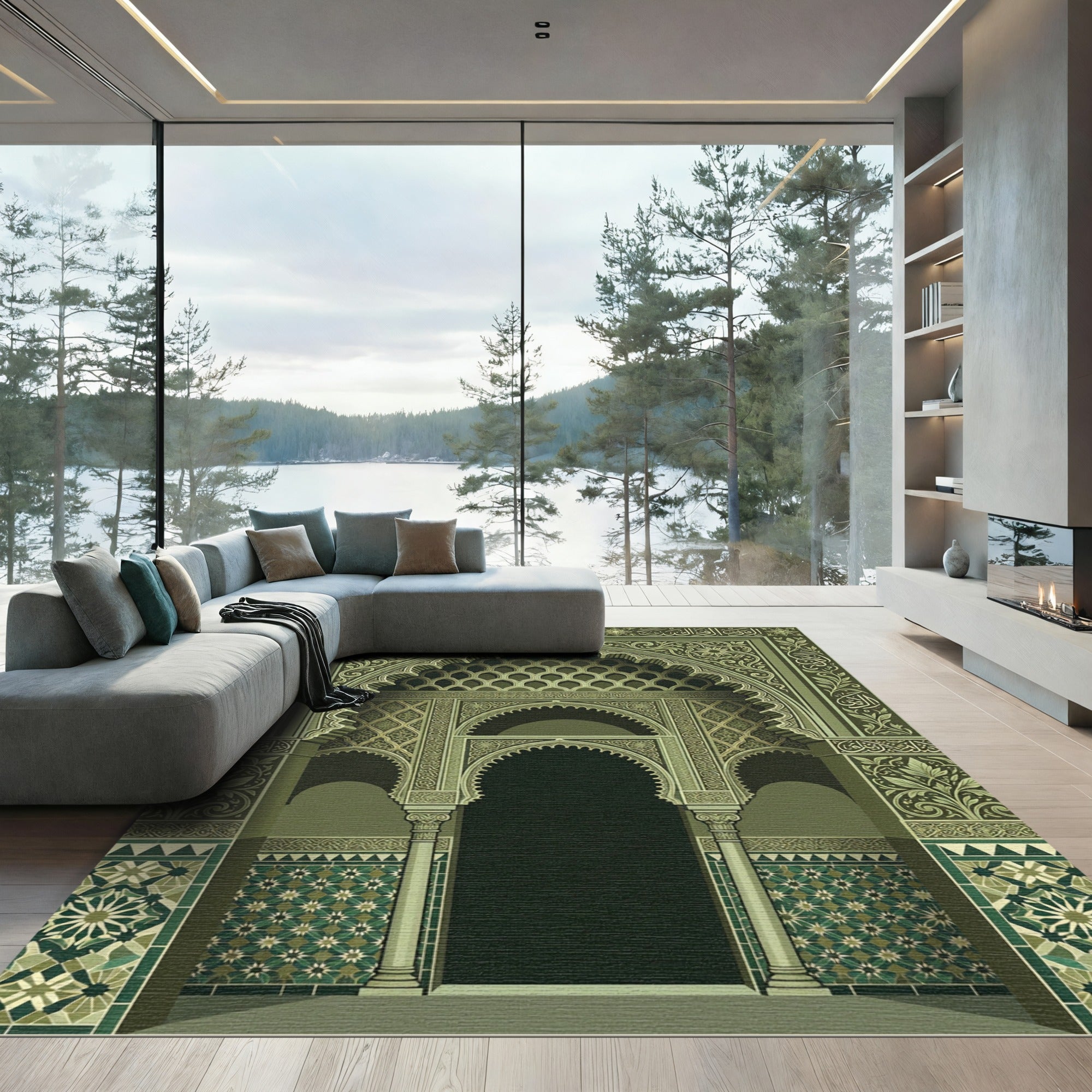 Olive Green Intricate Islamic Arch Rug