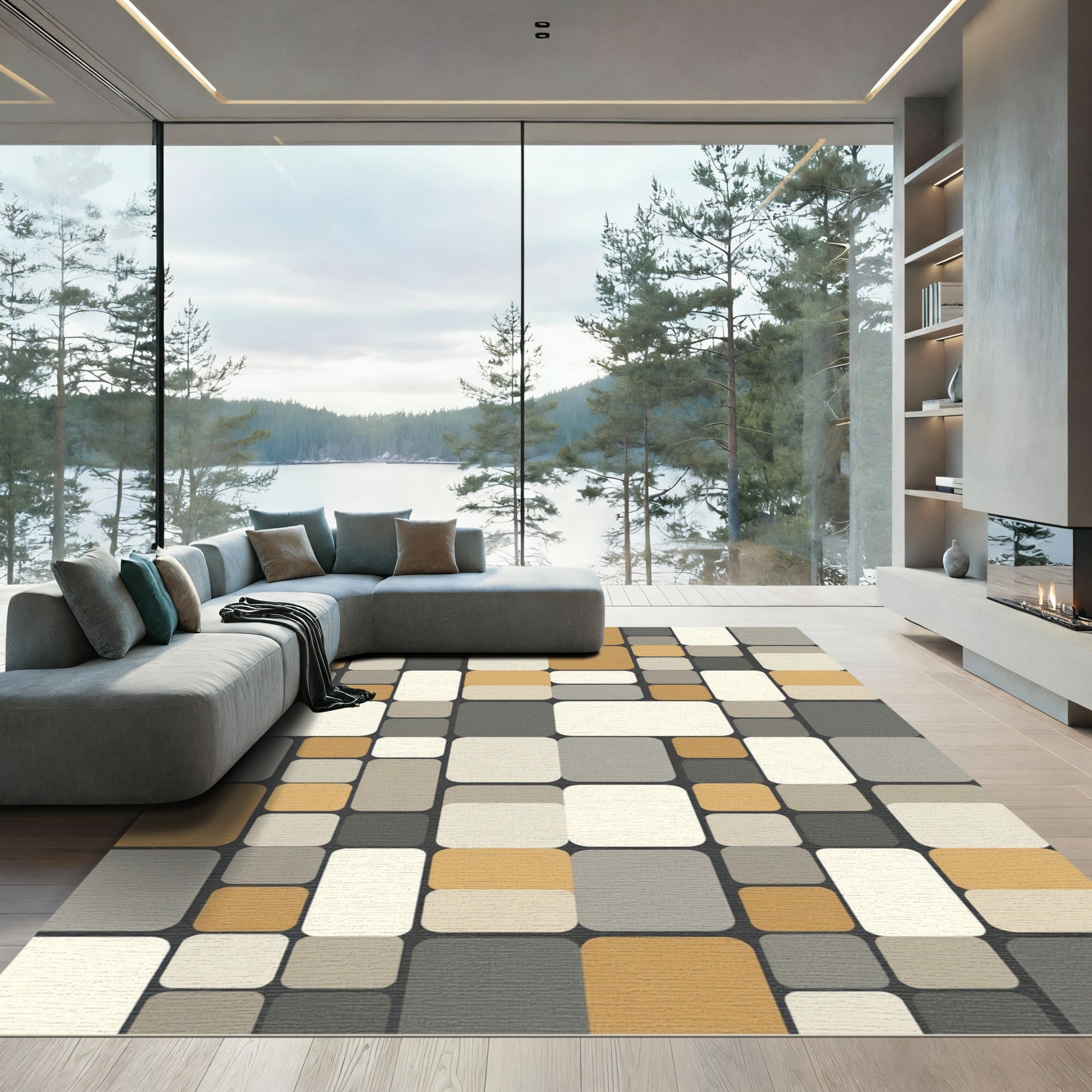 Mid-Century Modern Rounded Squares Composition Rug