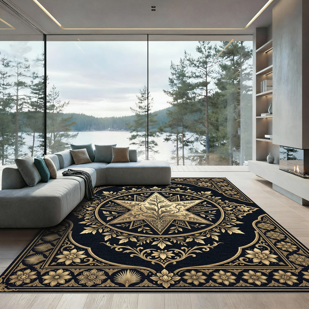 Elegant Golden Star Floral Medallion Rug