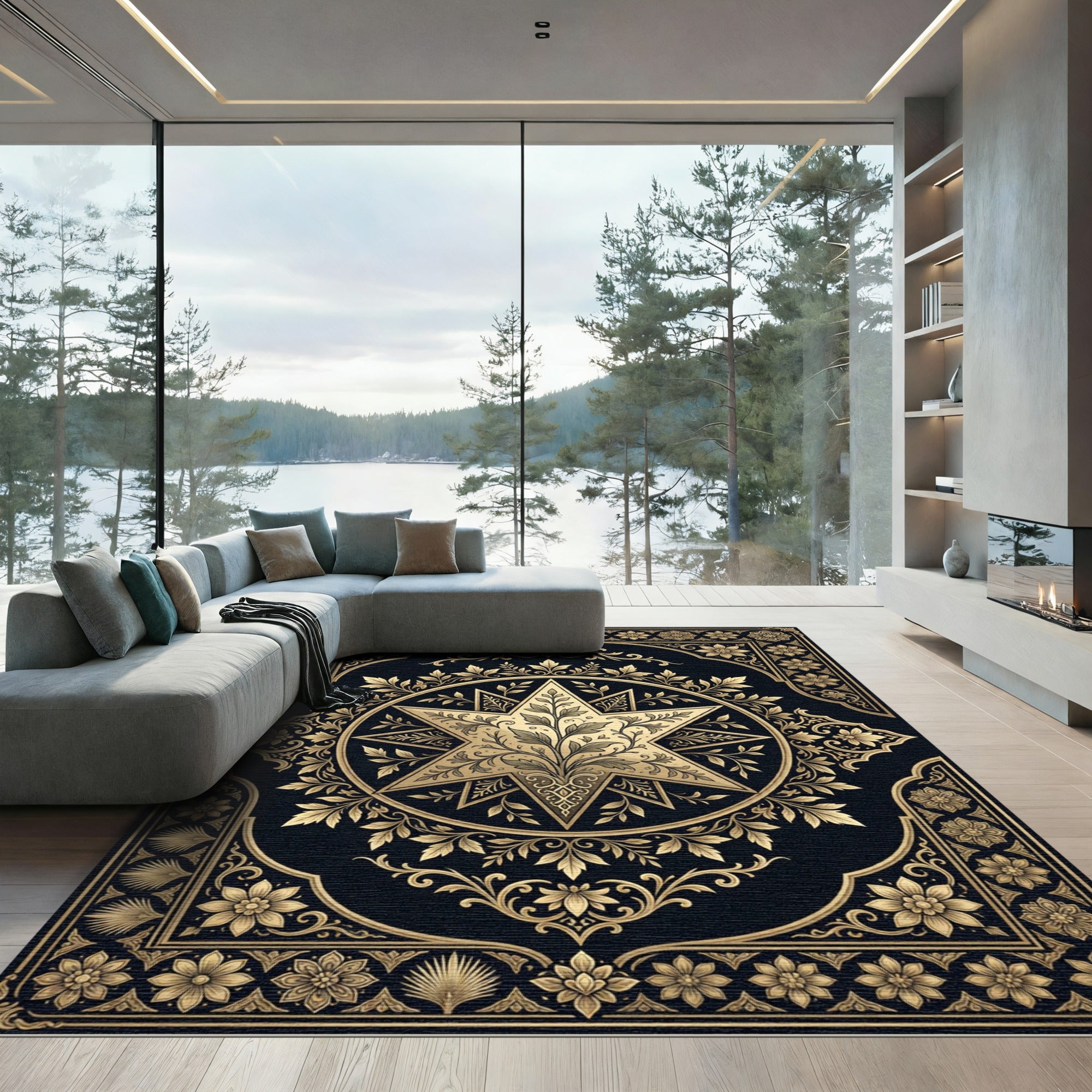 Elegant Golden Star Floral Medallion Rug