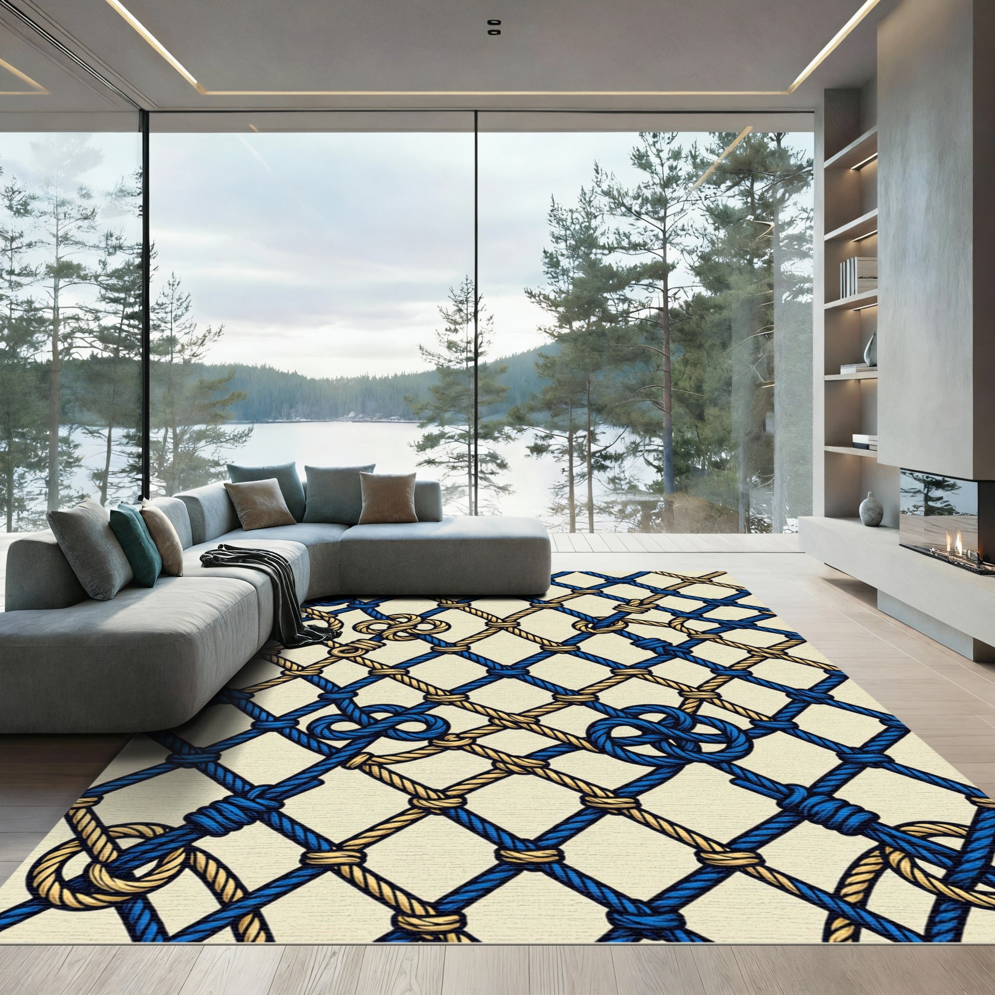 Navy and Gold Nautical Rope Lattice Rug