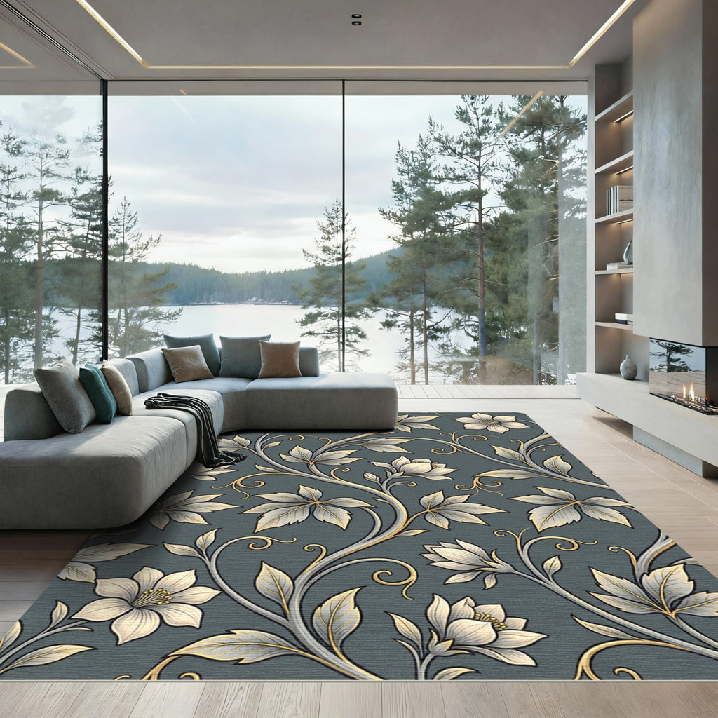 Elegant Charcoal and Gold Botanical Vine Rug