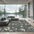 Elegant Charcoal and Gold Botanical Vine Rug