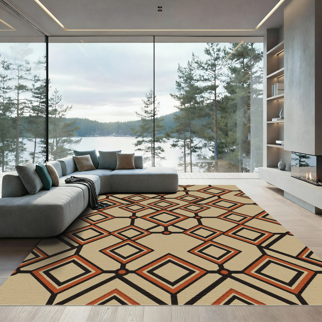 Mid-Century Geometric Clay and Charcoal Grid Rug
