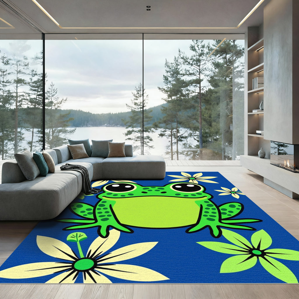 Whimsical Green Frog Flower Garden Rug