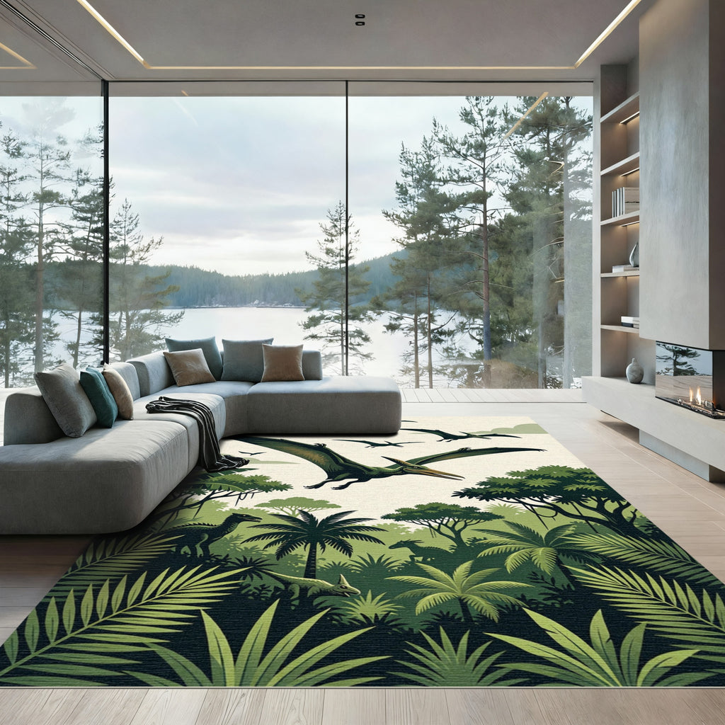Lush Green Prehistoric Pterodactyl Jungle Landscape Rug