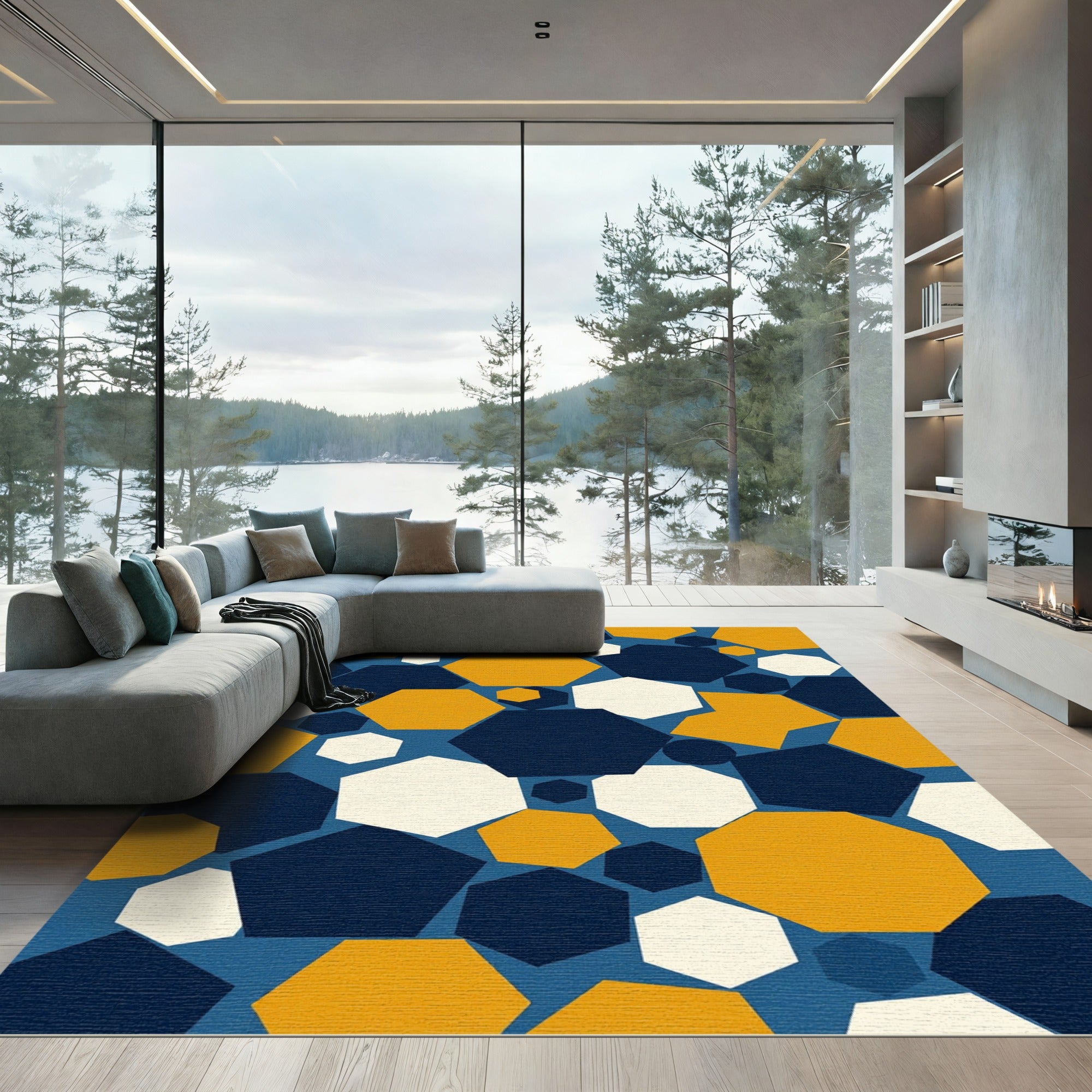 Modern Navy Gold Geometric Hexagon Rug