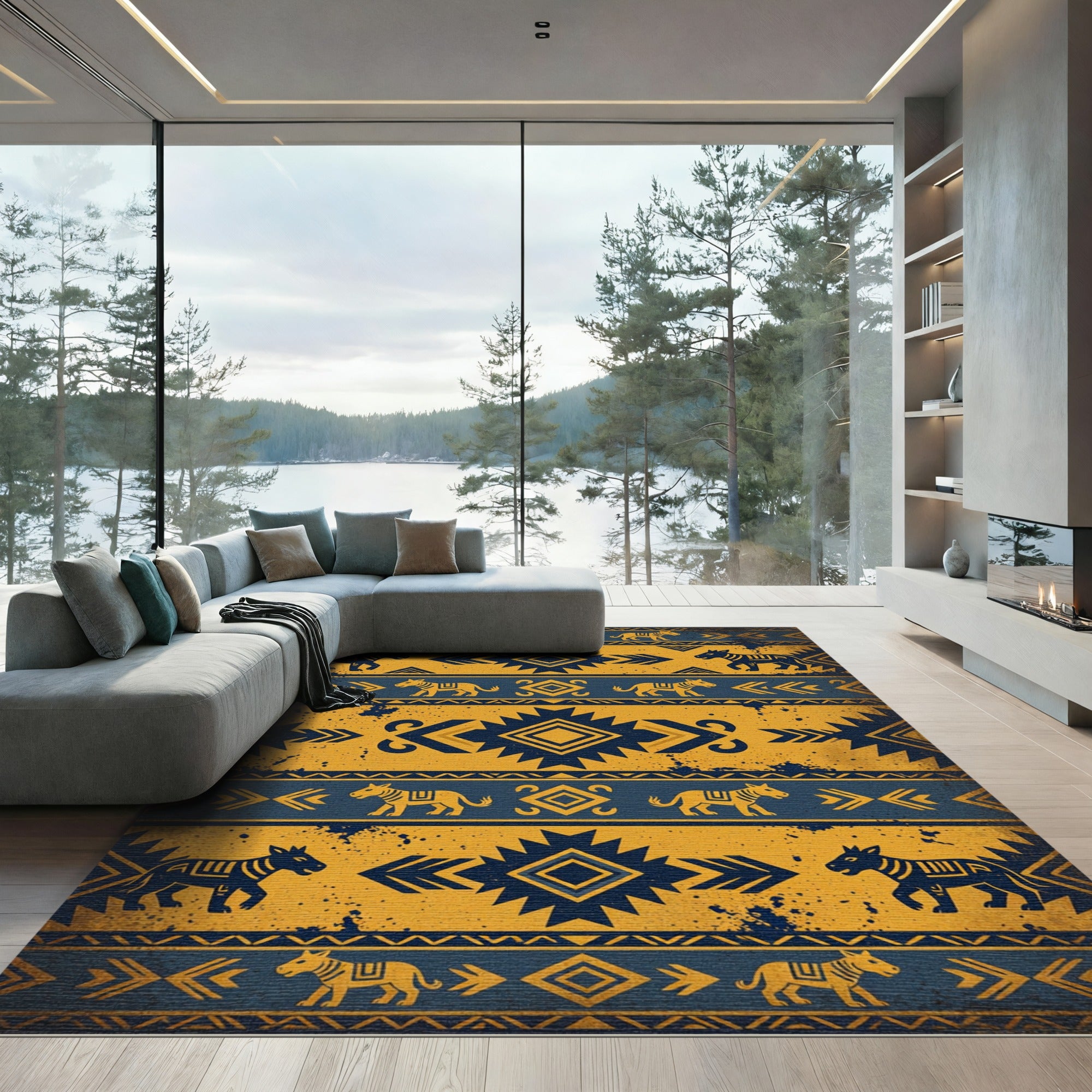 Tribal Yellow Blue Horse Band 6 Words Rug