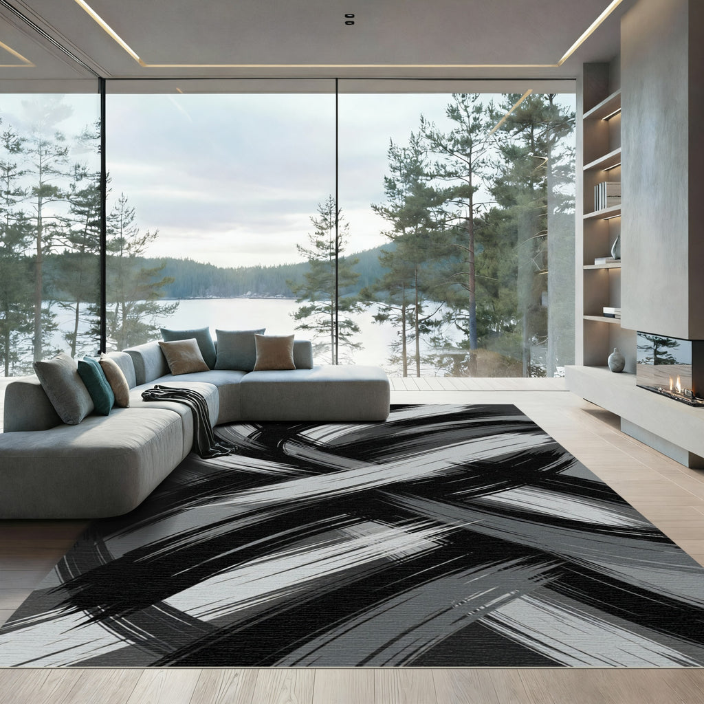 Monochrome Brush Stroke Swirl Rug