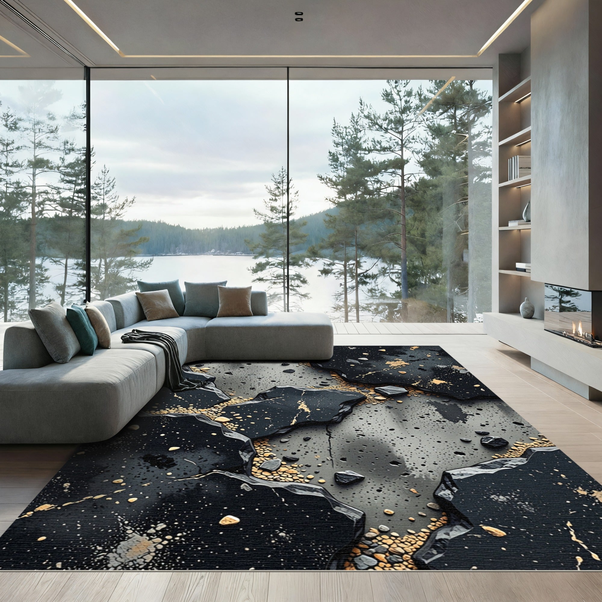 Black Gold Stone Fragment Abstract Rug
