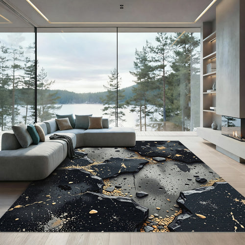 Black Gold Stone Fragment Abstract Rug