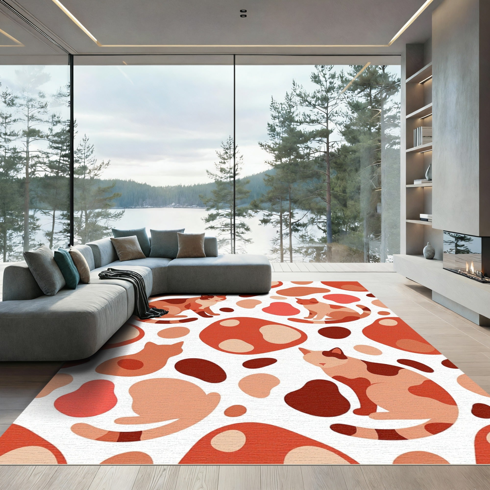 Whimsical Terracotta Abstract Cat Illustration Rug
