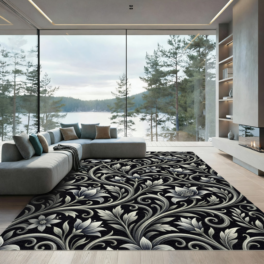 Ornate Black Floral Scrollwork Rug