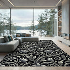 Ornate Black Floral Scrollwork Rug
