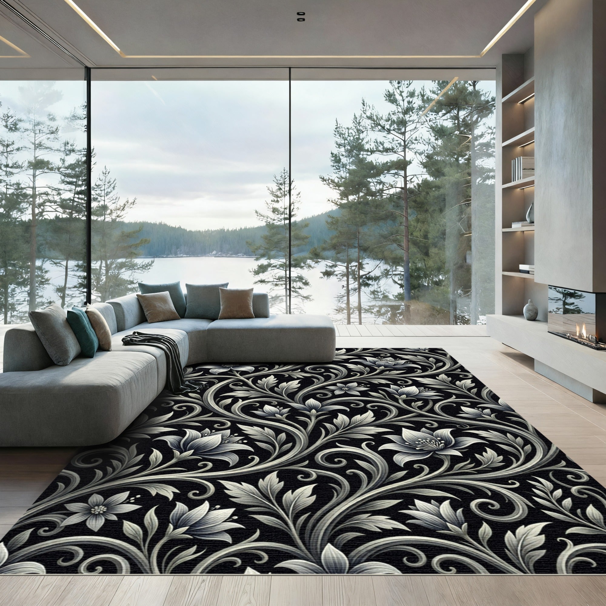 Ornate Black Floral Scrollwork Rug