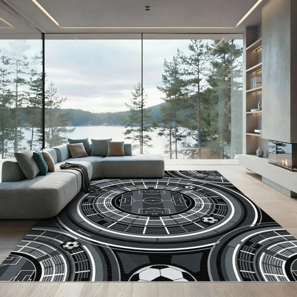 Modern Monochrome Circular Soccer Stadium Grid Rug