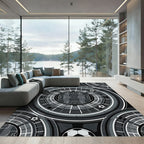 Modern Monochrome Circular Soccer Stadium Grid Rug